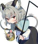  1girl animal animal_ears black_dress blue_capelet blush capelet dated dowsing_rod dress grey_hair hair_between_eyes highres iroyopon jewelry long_sleeves mouse mouse_ears mouse_tail nazrin pendant red_eyes short_hair signature simple_background solo tail touhou white_background 