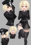  1girl belt black_gloves blonde_hair collared_shirt cross fang gloves grey_background hat highres holding holding_clothes holding_hat iron_cross jacket jiseki_rena looking_at_viewer medal military military_uniform multiple_views nazi necktie open_mouth original peaked_cap red_eyes reichsadler shirt short_hair simple_background skin_fang skirt smile solo thighhighs totenkopf uniform yawning zettai_ryouiki 