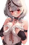  1girl absurdres bare_shoulders belt black_belt black_collar black_gloves blush braid breasts breasts_squeezed_together buket_pudding_i camisole collar ear_piercing earrings fingerless_gloves frills furrowed_brow gloves grey_hair hair_ornament hands_on_own_chest heart_pendant highres hololive jewelry large_breasts looking_at_viewer medium_hair multicolored_hair multiple_earrings piercing red_eyes red_nails sakamata_chloe sakamata_chloe_(1st_costume) simple_background solo streaked_hair virtual_youtuber wavy_mouth white_background white_camisole x_hair_ornament 