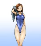  1girl arm_at_side arm_behind_head arm_up blue_background blue_one-piece_swimsuit blush bob_cut breasts brown_eyes brown_hair closed_mouth commentary competition_swimsuit covered_navel eizouken_ni_wa_te_wo_dasu_na! feet_out_of_frame gradient_background henriiku_(ahemaru) highleg highleg_swimsuit holding holding_towel inverted_bob looking_at_viewer medium_breasts mizusaki_tsubame one-piece_swimsuit ribbed_swimsuit short_hair smile smirk solo standing swept_bangs swimsuit thick_eyebrows thigh_gap thighs towel 