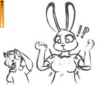  anthro breast_expansion breasts clothing dewlap_(anatomy) disney duo expansion eyewear female glasses judy_hopps line_art male male/female nick_wilde shirt spoof_(artist) surprise t-shirt topwear zootopia 