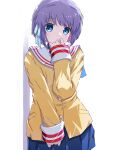  1girl akayama_yukihe between_legs blue_eyes blue_skirt blush bob_cut clannad closed_mouth commentary cowboy_shot eyelashes eyes_visible_through_hair frilled_ribbon frills frown fujibayashi_ryou hair_between_eyes hair_ribbon hand_between_legs hand_to_own_mouth hand_up highres hikarizaka_private_high_school_uniform jacket looking_at_viewer miniskirt pleated_skirt purple_hair ribbon sailor_collar school_uniform short_hair simple_background skirt sleeves_past_wrists solo standing white_background white_ribbon white_sailor_collar yellow_jacket 