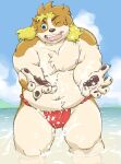  anthro beach belly blonde_hair blue_eyes bulge canid canine canis clothing domestic_dog floppy_ears hagure_meg hair hisaki_(live_a_hero) lifewonders live_a_hero male mammal musclegut navel nipples one_eye_closed partially_submerged pecs seaside solo speedo splash swimwear water water_fight wink 