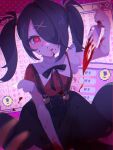  1girl ame-chan_(needy_girl_overdose) black_hair black_skirt blood blood_on_face blood_on_knife collar collared_shirt hair_ornament hair_over_one_eye hair_tie harimuusagi heart heart-shaped_pupils highres holding holding_knife knife long_hair needy_girl_overdose red_eyes red_shirt shirt shirt_tucked_in skirt solo suspender_skirt suspenders symbol-shaped_pupils twintails white_collar window_(computing) x_hair_ornament 