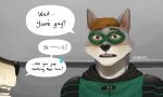  2022 anthro blush brown_hair canid canine clothed clothing colored corsac_fox costume dialogue digital_media_(artwork) duo emoticon english_text flustered fox fully_clothed fur grey_body grey_fur hair hi_res looking_at_another male mammal mask mnesis nick_saunders_(templar) open_mouth procyonid raccoon signature simple_background solo_focus speech_bubble standing super-nova surprise sweatdrop_(iconography) teeth text wide_eyed yeshh 