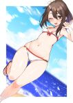  1girl ass_visible_through_thighs bikini blue_sky breasts brown_eyes brown_hair cloud commentary_request day dutch_angle feet_out_of_frame groin highres kantai_collection long_hair looking_at_viewer lowleg lowleg_bikini navel outdoors ponytail running sandals sidelocks sky small_breasts smile solo swimsuit white_bikini zarashi zuihou_(kancolle) 