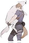  1boy animal black_pants blonde_hair dog dog_tail fingerless_gloves from_side gloves highres holding holding_animal holding_dog holster howling humidifier_xd leon_s._kennedy male_focus muscular muscular_male pants resident_evil resident_evil_4 resident_evil_4_(remake) short_hair simple_background sketch standing sweatdrop tail white_background 