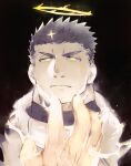  1boy bara black_background black_hair facial_hair fire flaming_halo frown glowing glowing_eyes halo hand_up looking_at_viewer male_focus mature_male po_fu portrait pyrokinesis serious short_hair solo stubble thick_eyebrows tokyo_afterschool_summoners zabaniyya_(housamo) 