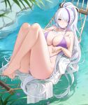  1girl absurdly_long_hair azur_lane barefoot bikini breasts choker cleavage full_body hair_over_one_eye hammock hand_on_own_chest highres knees_up large_breasts long_hair lying multicolored_hair no_shoes official_alternate_costume on_back outdoors ponytail purple_bikini purple_choker qing_wu streaked_hair swimsuit unzen_(azur_lane) unzen_(sojourn_through_clear_seas)_(azur_lane) very_long_hair white_hair 