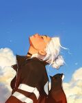  1girl animal black_choker black_jacket blue_sky cat choker closed_eyes cloud cloudy_sky commentary english_commentary from_side hair_bun highres jacket looking_up original profile relaxing sam_yang single_hair_bun sky smile solo white_hair 