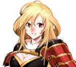  1girl antenna_hair armor blonde_hair breasts cleavage eyelashes fur_collar highres long_hair looking_at_viewer onasu_(sawagani) one-hour_drawing_challenge onikiri_yasutsuna red_eyes rope shoulder_armor sidelocks sketch smile solo teeth tenka_hyakken upper_body white_background 