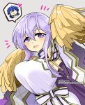  1boy 1girl blue_hair breasts cheerleader commentary_request dress fire_emblem fire_emblem:_genealogy_of_the_holy_war julia_(fire_emblem) large_breasts long_hair open_mouth pom_pom_(cheerleading) purple_eyes purple_hair seliph_(fire_emblem) simple_background yukia_(firstaid0) 
