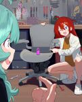  2girls ? afterimage ahoge aqua_hair blush brown_shirt chair crocs dildo dirty dirty_face dirty_hands engine full_body green_eyes hair_between_eyes hand_up heel_up highres hipa_(some1else45) lab_coat legs long_hair long_sleeves motion_blur multiple_girls nahia_(some1else45) no_pants office_chair one_eye_closed open_mouth original pointing pointing_at_self red_eyes sex_machine sex_toy shadow shirt some1else45 squatting swivel_chair tools wavy_mouth worried wrench 