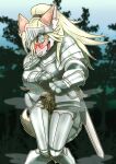  absurd_res anthro armor blonde_hair blush bodily_fluids canid canine canis clothed clothing desperation domestic_dog embarrassed female forest forest_background genital_fluids hair headgear helmet hi_res knight mammal melee_weapon mttbsmn nature nature_background omorashi open_mouth outside peeing plant solo sword tears tree urine warrior weapon wetting 