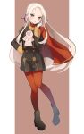  1girl absurdres ascot black_footwear blush boots border cape commentary_request edelgard_von_hresvelg fire_emblem fire_emblem:_three_houses forehead full_body garreg_mach_monastery_uniform gloves hair_ribbon highres long_hair long_sleeves looking_at_viewer outside_border palmijano pantyhose pillarboxed purple_eyes purple_ribbon red_background red_cape red_pantyhose ribbon simple_background solo very_long_hair white_ascot white_border white_gloves white_hair 