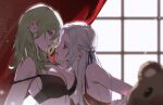  2girls bare_shoulders black_bra bra breasts byleth_(female)_(fire_emblem) byleth_(fire_emblem) caicaicaicai_ni_caicai cleavage curtains edelgard_von_hresvelg fire_emblem fire_emblem:_three_houses from_side girl_on_top green_eyes green_hair hair_between_eyes hair_ribbon hand_on_another&#039;s_chin highres leaning_on_person looking_at_another looking_down looking_up multiple_girls parted_bangs purple_eyes purple_ribbon red_bra ribbon sideboob stuffed_animal stuffed_toy teddy_bear topless underwear white_hair window yuri 