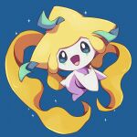  1other blue_background blue_sclera colored_sclera colored_skin commentary_request full_body hands_up happy highres jirachi ktyon3 looking_at_viewer open_mouth other_focus own_hands_together partial_commentary pokemon pokemon_(creature) simple_background smile solo sparkle white_eyes white_skin 