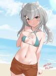  1girl alternate_costume ame-san aqua_bikini beach bikini blue_sky breasts brown_shorts cloud criss-cross_halter day grey_eyes grey_hair hair_ornament halterneck highres i-201_(kancolle) kantai_collection long_hair looking_at_viewer navel ocean outdoors short_shorts shorts sky sling_bikini_top small_breasts smile solo swimsuit x_hair_ornament 