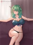  1girl absurdres antlers azurecruiser bare_arms bare_legs black_panties bra braid braided_bangs branch breasts ceres_fauna cleavage collarbone couch curtains dress green_hair hair_over_one_eye highres hololive hololive_english knee_up large_breasts lips looking_at_viewer on_couch outstretched_arms panties patreon_username ribbon see-through see-through_dress sitting smile spread_arms sweat underwear virtual_youtuber window yellow_eyes 