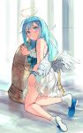  1girl absurdres bell bell_earrings bellringer_angel blue_eyes blue_footwear blue_hair blue_wristband blush column dress earrings feathered_wings hair_ornament hairclip halo highres jewelry kneeling long_hair looking_at_viewer orr_(kkkkbbbbc) pillar shadowverse skirt_hold smile socks solo white_dress white_socks white_wings wings 