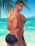  1boy abs arm_hair ass bara beach beard black_hair black_male_swimwear bulge buzz_cut chest_hair facial_hair feet_out_of_frame goatee_stubble golden_kamuy hairy huge_ass huge_pectorals leg_hair long_sideburns looking_to_the_side male_focus male_swimwear mature_male muscular muscular_male nipples nopinzo ocean pectorals sand short_hair sideburns solo standing strongman_waist sunlight swim_briefs tanigaki_genjirou thick_eyebrows topless_male very_short_hair 