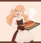  1girl apron baking baking_sheet black_border black_dress black_skirt blonde_hair border dress freckles gloves highres holding holding_tray kappce kirisame_marisa long_hair looking_at_viewer one_eye_closed oven_mitts skirt smile solo touhou tray white_background 