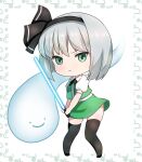  1girl alternate_weapon black_bow black_bowtie black_hairband black_thighhighs bow bowtie chibi closed_mouth commentary full_body ghost green_eyes green_vest grey_hair hairband highres holding_lightsaber konpaku_youmu konpaku_youmu_(ghost) looking_at_viewer mattyakinako_(odango_imomushi) shirt short_hair short_sleeves solo thighhighs touhou v-shaped_eyebrows vest weapon white_background white_shirt youmu_day 