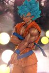  1boy alternate_skin_color bara blue_hair blush dougi dragon_ball dragon_ball_super feet_out_of_frame highres large_pectorals looking_at_viewer male_focus muscular muscular_male pectoral_cleavage pectoral_squeeze pectorals seductive_smile short_hair sideburns smile solo son_goku spiked_hair standing supobi tan thick_eyebrows undressing veins veiny_arms 