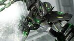  alternate_color armor black_armor blurry blurry_background depth_of_field eye_trail green_eyes gundam gundam_00 gundam_exia highres light_trail looking_ahead mecha mobile_suit no_humans robot running solo taka-f v-fin 