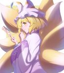  1girl absurdres animal_ears animal_hat blonde_hair dress fox_ears fox_tail from_side hat highres holding long_sleeves looking_at_viewer mob_cap multiple_tails short_hair simple_background tail touhou white_dress white_headwear wide_sleeves yakumo_ran yellow_eyes yujin_(kanouyuuto-0423) 