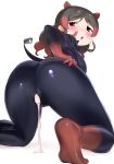  1girl after_sex animal_ears ass ass_focus black_bodysuit black_hair blush bodysuit breasts brown_eyes cameltoe commentary cum cumdrip extra_ears from_behind gradient_hair hand_on_own_ass highres hippopotamus_(kemono_friends) hippopotamus_ears kemono_friends large_breasts long_hair looking_at_viewer looking_back masuyama_ryou multicolored_hair open_mouth protected_link red_hair sidelocks signature simple_background solo tail white_background 