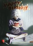  1boy cake chinyu11988612 fishing_rod food full_body hair_over_one_eye happy_birthday highres hunter_x_hunter indian_style killua_zoldyck layered_sleeves long_sleeves looking_at_viewer male_child male_focus pin shirt short_hair short_over_long_sleeves short_sleeves shorts sitting solo thread white_hair white_shirt 