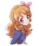  1girl aikatsu! aikatsu!_(series) blue_jacket bow braid closed_mouth cropped_torso crown_braid hair_bow jacket long_hair long_sleeves looking_at_viewer neck_ribbon oozora_akari orange_hair pink_bow pink_eyes red_ribbon ribbon rituyama1 school_uniform simple_background smile solo starlight_academy_school_uniform upper_body white_background 