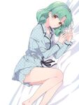  1girl 2_yayoi_4 barefoot brown_eyes curly_hair green_hair hairband idolmaster idolmaster_million_live! idolmaster_million_live!_theater_days looking_at_viewer lying on_bed on_side pajamas parted_bangs parted_lips short_hair simple_background solo tokugawa_matsuri 