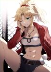  1girl abs bandeau belt black_belt blonde_hair breasts camisole chain-link_fence cleavage commentary_request cutoffs denim denim_shorts fate/apocrypha fate_(series) fence green_eyes grin hair_ornament hair_scrunchie highres jacket long_hair long_sleeves looking_at_viewer meiji_ken midriff mordred_(fate) mordred_(fate/apocrypha) navel one_eye_closed open_clothes open_jacket ponytail red_jacket red_scrunchie scrunchie short_shorts shorts sidelocks smile solo stomach thighs 