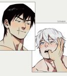  2boys artist_name bara black_hair blue_eyes closed_mouth finger_to_another&#039;s_mouth fushiguro_touji gojou_satoru highres jujutsu_kaisen male_focus mature_male multiple_boys open_mouth scar scar_on_face scar_on_mouth short_hair smile suyohara white_hair yaoi 