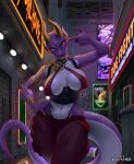  baggy_pants breasts choker cleavage clothed clothing collar dragon finger_gun gesture hi_res horn io_(anzuneth) jewelry looking_at_viewer lovepuma69 necklace nipple_outline non-mammal_breasts purple_body purple_eyes purple_scales raining scales tattoo thong_straps water 