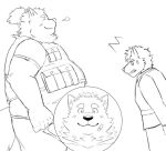  anthro bandage_on_face bandge belly blush canid canine canis clothing dog_operator domestic_dog duo lifewonders live_a_hero male male/male mammal nordic_sled_dog o8rpwrhvpo15738 overweight protagonist_(live_a_hero) samoyed size_difference smile spitz topknot topwear vest 