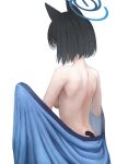  1girl animal_ears bare_back black_hair blue_archive breasts cat_ears cat_tail furrowed_brow halo haori highres holding holding_clothes japanese_clothes kikyou_(blue_archive) medium_breasts short_hair shoulder_blades sideboob simple_background solo suang tail white_background 