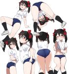  1girl all_fours ass black_hair black_socks blue_buruma buruma clothes_lift cowboy_shot exercise feet_out_of_frame full_body gym_shirt gym_uniform highres kurokawa_makoto long_hair looking_at_viewer love_live! love_live!_school_idol_project multiple_views red_eyes shirt shirt_lift shoes sitting sneakers socks t-shirt twintails white_background white_footwear white_shirt yazawa_nico 