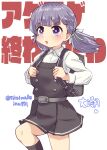  1girl absurdres alternate_hairstyle backpack bag black_socks collared_shirt cowboy_shot dress_shirt highres kantai_collection kitahama_(siroimakeinu831) kyoufuu_all_back_(vocaloid) low_twintails marching medium_hair one-hour_drawing_challenge ooshio_(kancolle) ooshio_kai_ni_(kancolle) parody purple_eyes randoseru shirt short_twintails socks solo text_background twintails twitter_username white_background white_shirt 
