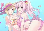  2girls aiba_yumi arm_support ass back bare_shoulders bikini blonde_hair blue_background blush breasts brown_eyes cameltoe cleavage closed_mouth collarbone commentary_request dot_nose earrings falling_petals floral_print flower front-tie_bikini_top front-tie_top hair_flower hair_ornament hat hat_ribbon idolmaster idolmaster_cinderella_girls idolmaster_cinderella_girls_starlight_stage jacket jewelry kurokoshi_you large_breasts layered_bikini long_hair looking_at_viewer looking_back lying medium_breasts multiple_girls open_mouth petals pink_bikini pink_hair ponytail print_bikini purple_ribbon ribbon saionji_kotoka see-through see-through_jacket short_hair short_sleeves side-tie_bikini_bottom skirt smile straw_hat swimsuit thick_eyebrows white_bikini white_skirt 