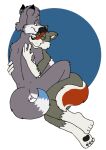  canid canine canis circle_background cuddling fur grey_body grey_fur male male/male mammal nude tabbiewolf tasteful_nudity wolf 