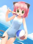  1girl :d animal_ears ball bangs beach beachball blue_sky blush cat_ears cat_girl cat_tail cloud commentary_request cowboy_shot day dutch_angle emurin flat_chest food green_eyes happy holding holding_ball holding_beachball horizon looking_at_viewer ocean one-piece_swimsuit open_mouth original outdoors pink_hair pinky_out popsicle school_swimsuit short_hair sky smile solo swimsuit tail thigh_gap water white_one-piece_swimsuit 