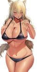  1girl :o absurdres animal_ears bikini black_bikini blonde_hair blush breasts cleavage collarbone commentary_request commission fate/grand_order fate_(series) fox_ears fox_girl fox_tail hair_between_eyes hands_up highres large_breasts long_hair looking_at_viewer namazu_(yamasonson) navel open_mouth pixiv_commission red_nails sideboob simple_background solo stomach suzuka_gozen_(fate) swimsuit tail tan thighs underboob white_background yellow_eyes 