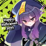  1girl alternate_costume blue_archive blush bright_pupils dated english_text hair_between_eyes halloween halo happy_halloween haruka_(blue_archive) hat highres jiangshi_costume long_hair looking_at_viewer open_mouth pag2640 purple_eyes purple_hair qing_guanmao sleeves_past_fingers sleeves_past_wrists slit_pupils smile solo sweatdrop talisman tsurime twitter_username upper_body white_pupils 