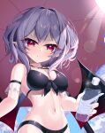  1girl :t absurdres bat_wings bikini black_bikini blue_sky bottle breasts cleavage closed_mouth cloud grey_hair hair_intakes highres holding holding_bottle large_breasts light_particles looking_at_viewer navel outdoors pointy_ears red_eyes remilia_scarlet s_vileblood short_hair sky solo swimsuit touhou umbrella upper_body wings 
