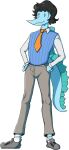  alpha_channel andy_(snoot_game) anthro black_hair blue_body bottomwear clothing colored dinosaur footwear hair hi_res long_tail male necktie ornithischian pants plantigrade reptile scalie shirt shoes simple_background simple_eyes snoot_game snout solo standing stegosaurian sweater sweater_vest tail thyreophoran topwear transparent_background unknown_artist vest 