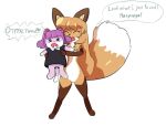  anthro averi_(fiddleafox) brown_body brown_fur canid canine carrying_another clothing dipstick_tail domestic_cat duo english_text felid feline felis female female_anthro fox fur gloves_(marking) hair leg_markings mammal markings masyunya_(vkontakte) paws pink_body pink_fur pink_hair russian_text shirt simple_background socks_(marking) standing tail tail_markings text topwear translated unknown_artist vkontakte white_body white_fur 