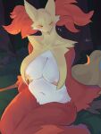  absurd_res anthro areola big_breasts biped blush breasts delphox eyes_closed female fluffy fluffy_tail forest fur generation_6_pokemon hi_res inner_ear_fluff multicolored_body multicolored_fur navel nintendo nipples on_ground outside plant pokemon pokemon_(species) red_body red_fur red_nose sitting smile solo tail tree tubasa tuft white_body white_fur yellow_body yellow_fur 